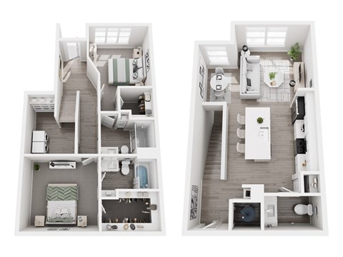 Floor plan layout of 1366 sf one-bedroom townhome apartment featuring two and one-half bathrooms, a den space, and patio.